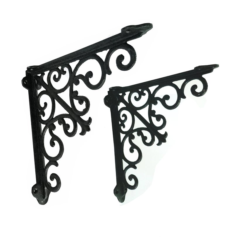 NACH Decorative Shelf Brackets, 2 Pack of 10.6 x 2 x 10.6 inch, Black Cast Iron Wall Shelf Brackets - Decorative Bookshelf Brackets - Victorian Style Shelf Bracket - Image 1